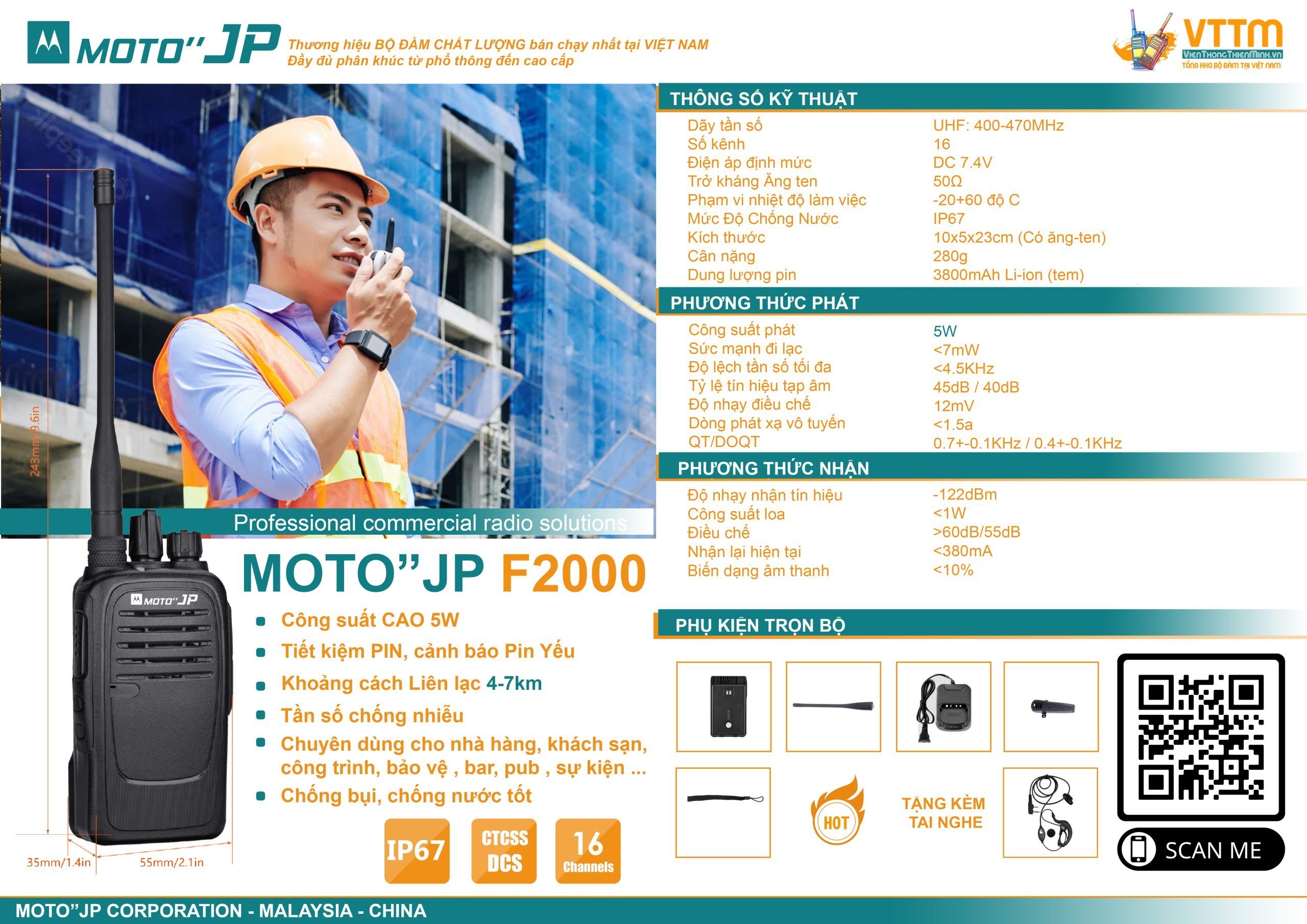 máy bộ đàm MOTO JP-F2000 nhỏ gọn, chất lượng cực tốt, đàm xa 6-7km