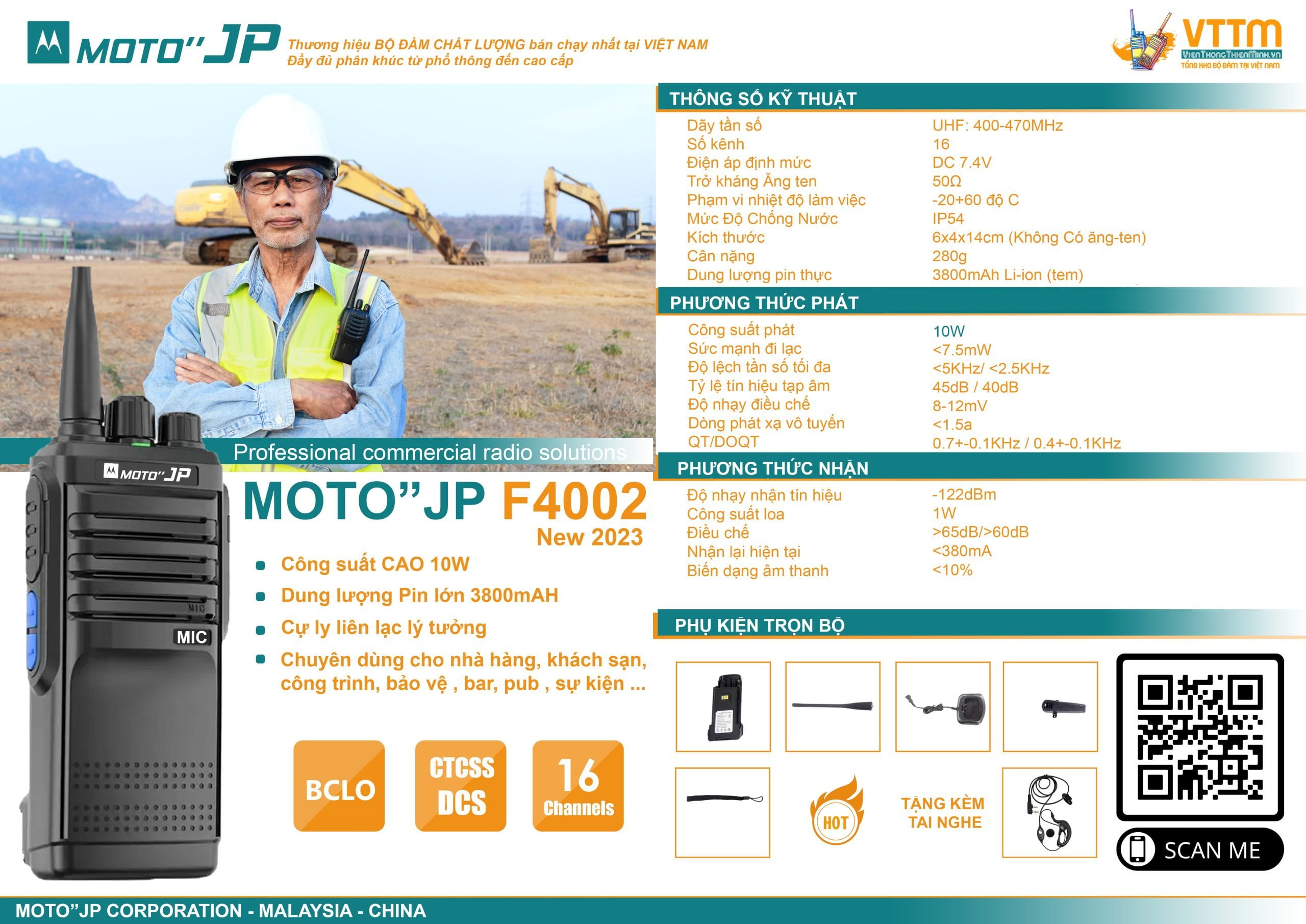 Máy bộ đàm MOTO JP-F4002 công suất cao; pin dung lượng lớn, đàm xa 4-6km