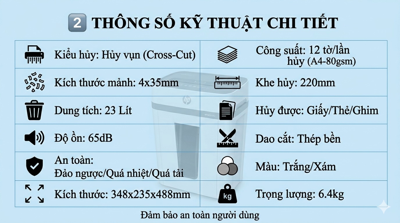 Máy Hủy Tài Liệu HP W2312CC 12 Tờ Thùng 23L Chính Hãng