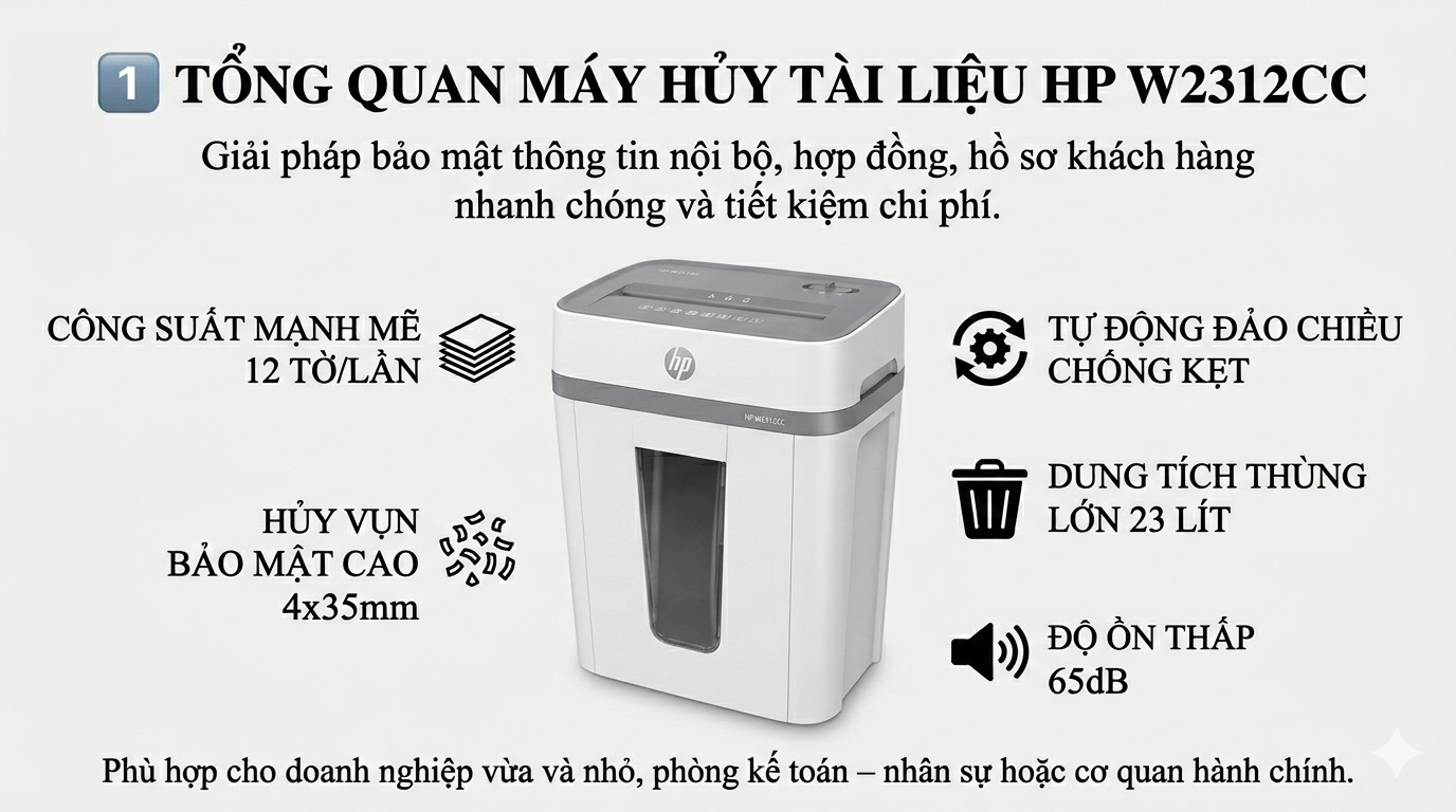 Máy Hủy Tài Liệu HP W2312CC 12 Tờ Thùng 23L Chính Hãng